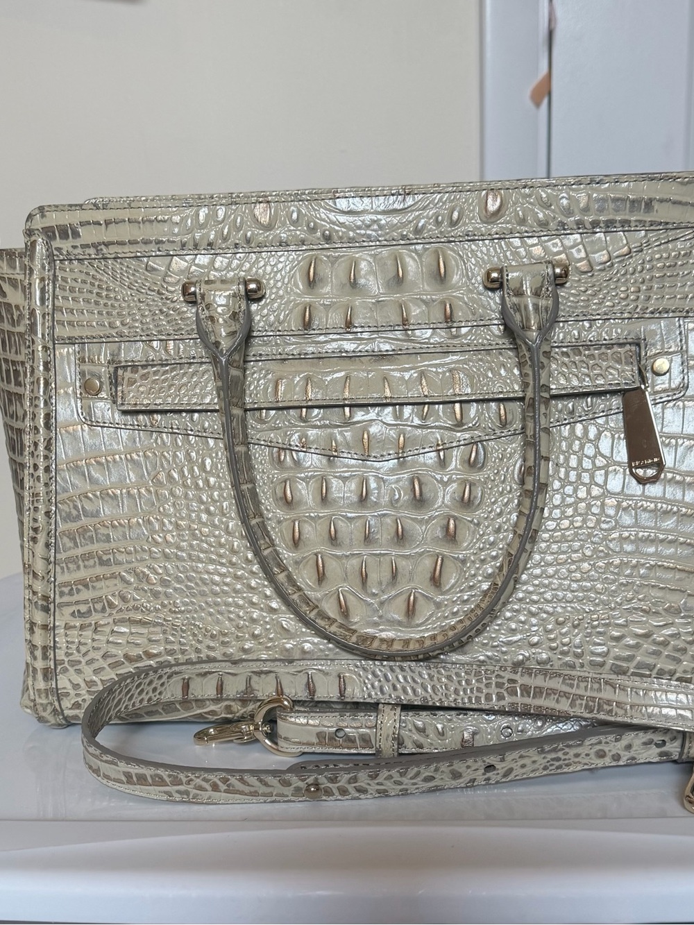 Brahmin Metallic Croc-Embossed Satchel Bag - Champagne